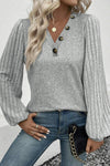 Black Button Detail V Neck Ribbed Bishop Sleeve Top | Available in 2 Colors