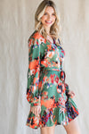 Abstract Print Waist Belted Long Sleeve Dress | Other Colors Available