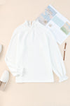 White Smocked Casual Textured Bishop Sleeve Blouse