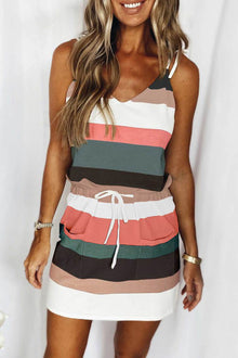  Casual Striped Tie Shoulder Sleeveless Pocket Dress