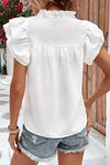 Black Basic Textured V Neck Tiered Ruffle Sleeve Blouse | Available in White