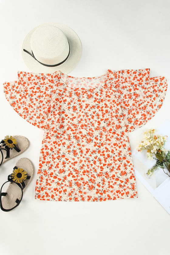 Orange Floral Tiered Sleeve Blouse