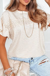 Apricot Striped Lace Splicing Ruffle Sleeve T-shirt | Available in 2 Colors