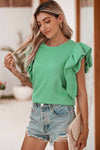 Green Solid Color Ruffle Sleeve Ribbed Blouse