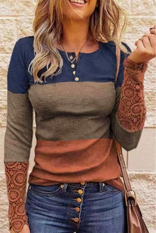  Color Block Ribbed Lace Crochet Sleeves Shirt for Women | Available in 2 Colors