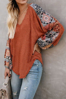  Bohemian Printed Patchwork Sleeve Casual Waffle Texture Top