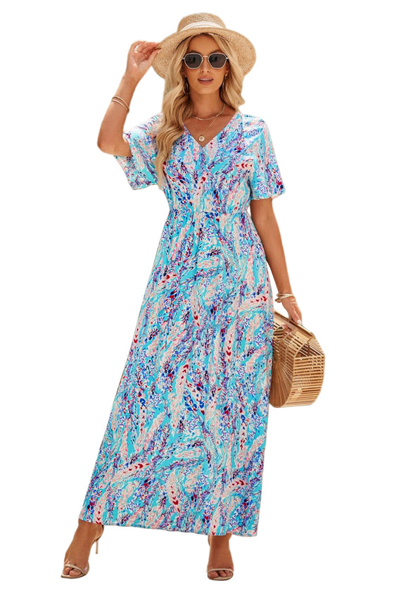 Abstract Print Wrap V Neck Flutter Sleeve Mid Length Summer Dress | Available in Blue