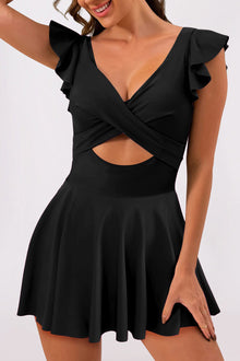  Black Cut Out Ruffle Crossed One Piece Swim Dress | Available in 2 Colors