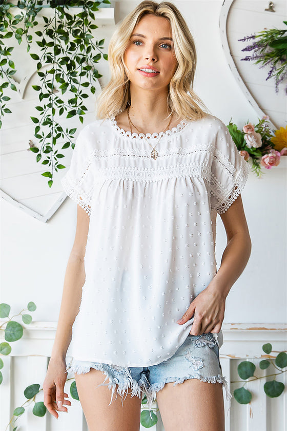 Apricot Swiss Dot Crochet Eyelet Back Button Detail Blouse | Available in 3 Colors