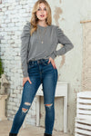 Gray Basic Buttoned Puff Long Sleeve Sheath Top