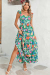 Green Boho Floral Print Ruffle Sleeveless Tiered Maxi Dress