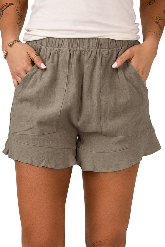 Khaki Casual Pocketed Ruffle High Waist Shorts