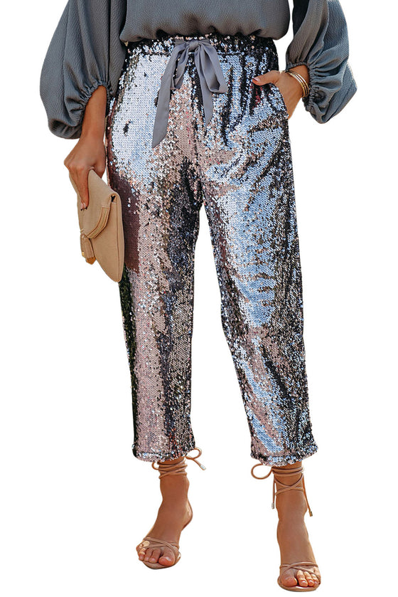 Silver High Waisted Drawstring Cropped Sequin Pants