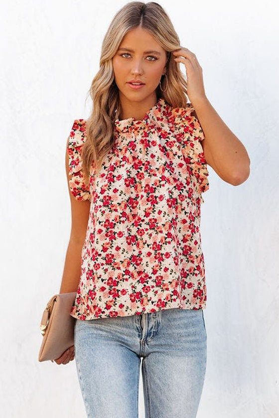 Red Floral Sleeveless Shirt