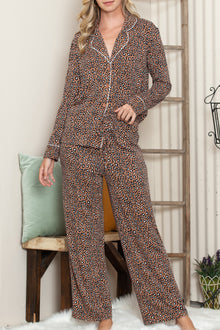  Leopard Print Lapel Neck Shirt and Drawstring Pants Loungewear Set