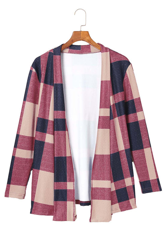 Red Plaid Casual Draped Open Front Cardigan