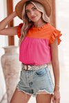 Red Two-Tone Pleated Ruffle Blouse