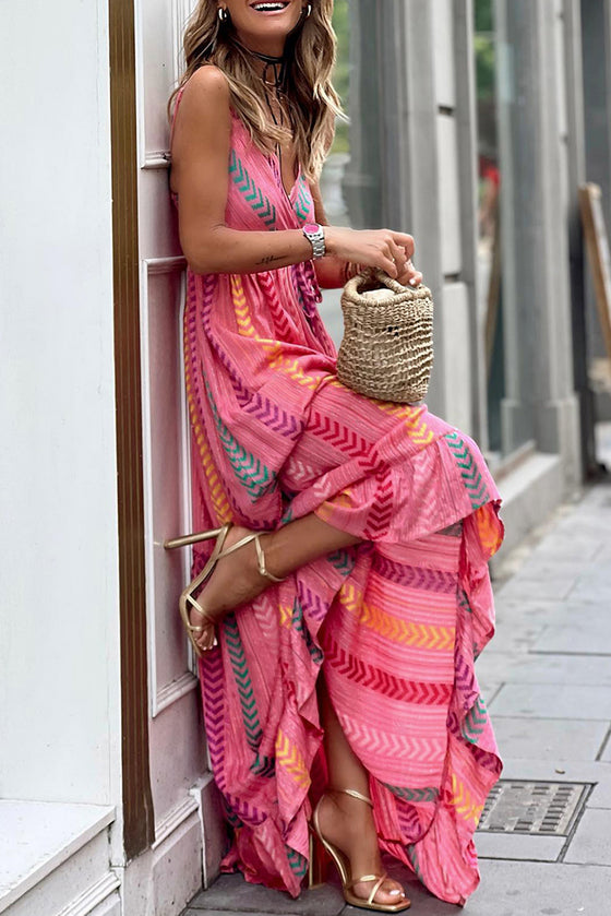 Pink Boho Tassel Tie Wrap V Neck Maxi Dress