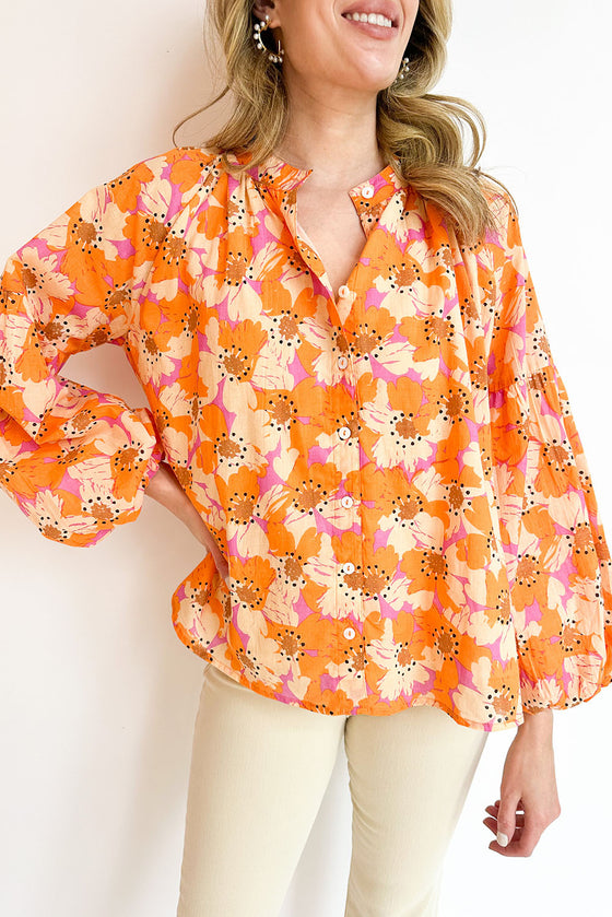 Orange Floral Print Loose Long Sleeve Blouse