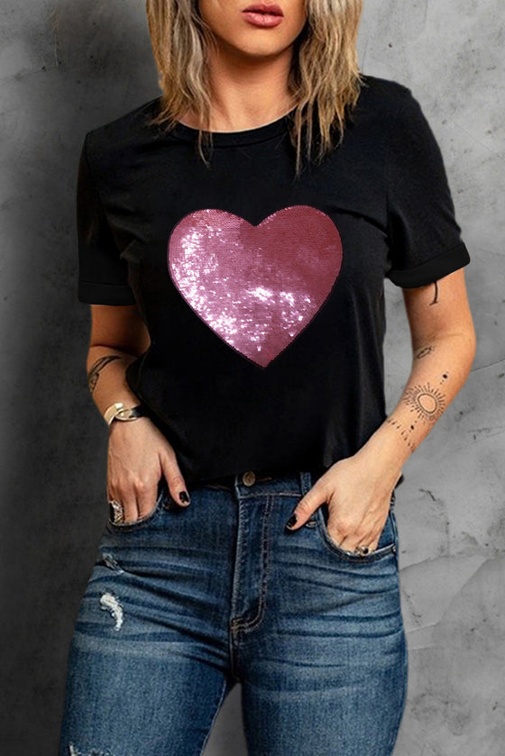 Black Valentine Sequin Heart Graphic Crew Neck T Shirt