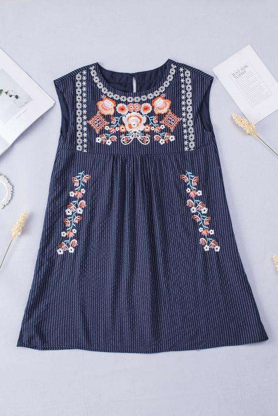 Navy Blue Embroidered Short Dress