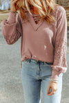 Pink Lace Waffle Knit Crisscross Straps V Neck Long Sleeve Top |Available in 2 Colors