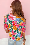 Multicolor Floral Print Ruffle Trim Puff Sleeve Blouse