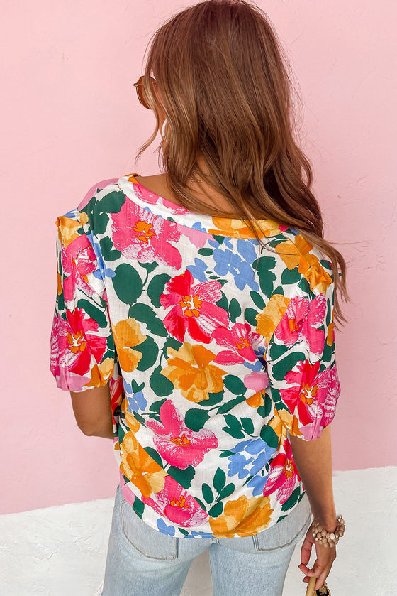 Multicolor Floral Print Ruffle Trim Puff Sleeve Blouse