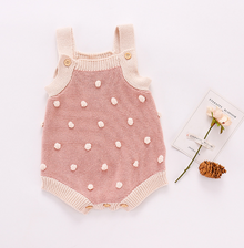  Pink Knitted Baby Sweater Romper with Pom Pom and Button Detail