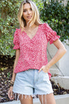 Pink Abstract Print V-Neck Blouse