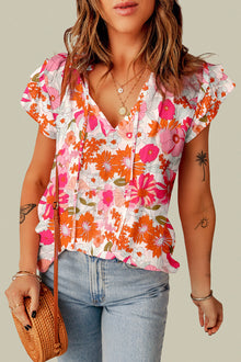  Pink and Orange Floral V-Neck Peasant Top