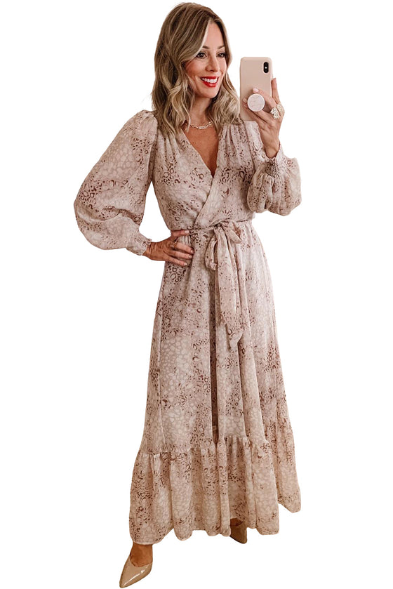 Leopard Surplice V Neck Bubble Sleeve Sash Maxi Dress | Available in 2 Colors