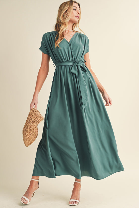 Green Wrap V Neck Belted Pleated Maxi Dress