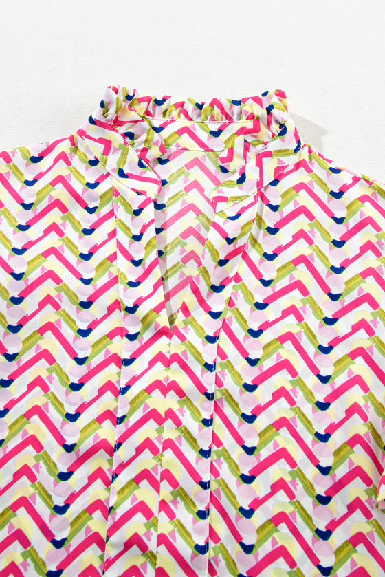 Multicolor Chevron Print Frill V Neck Ruffle Blouse