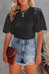 Black Eyelet Flutter Sleeve Crew Neck Ribbed Knit Top