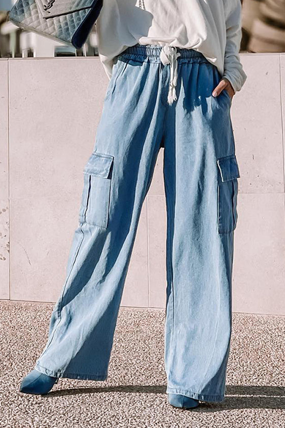 Sky-Blue Drawstring High Waist Cargo Pocket Wide Leg Jeans