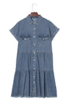 Blue Button Up Short Sleeve Denim Shirt Dress