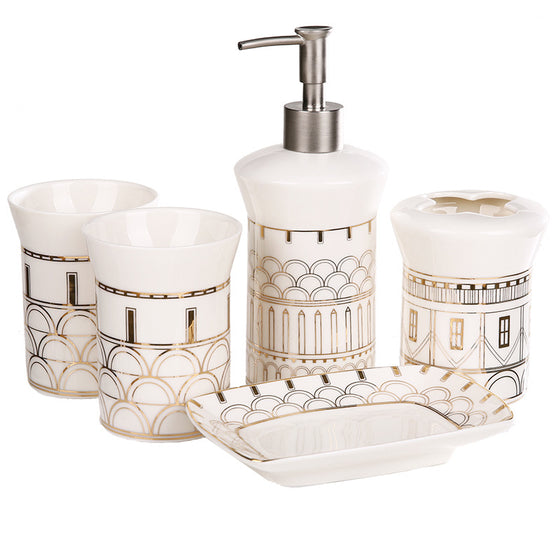 Ceramic Five-piece Bathroom Soap Set in Ivory and Gold