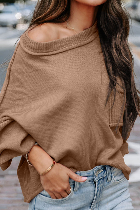 Apricot Raw Edge Pocket Exposed Seam Knitted Sweater