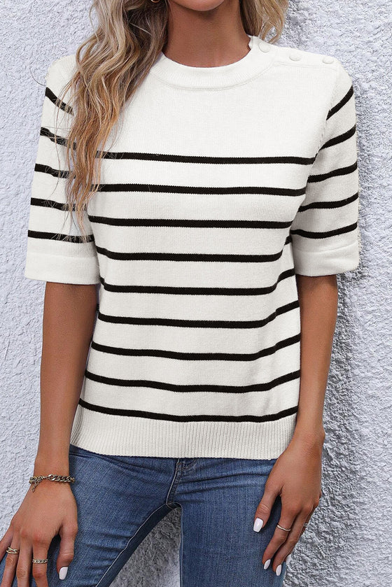 White Stripe Half Sleeve Knitted Tee