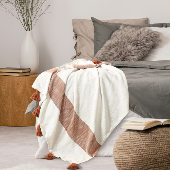 Orange Woven Cotton Striped Throw Blanket