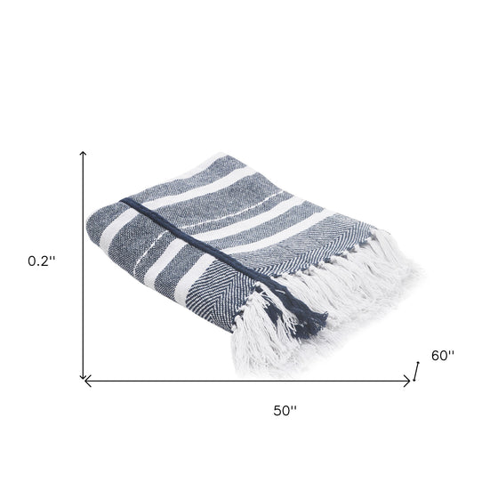 Blue And White Woven Cotton Striped Throw Blanket