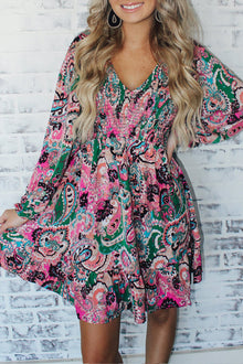  Pink Paisley Print Smocked Ruffle Hem Dress