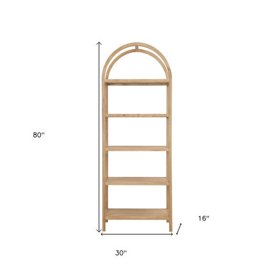 80" Natural Wood Five Tier Arched Top Bookcase