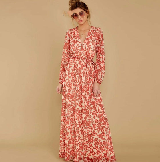 Vintage Style Maxi Dress in Red and Cream Floral Pattern