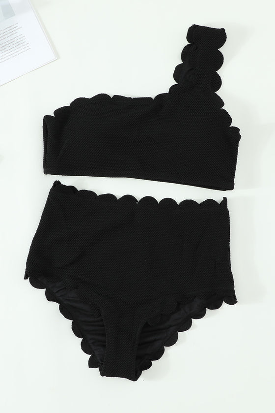 Black Scalloped Trim Asymmetrical Neck High Waist Bikini