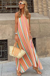 Bohemian Striped Colorblock Spaghetti Strap Sleeveless Maxi Dress