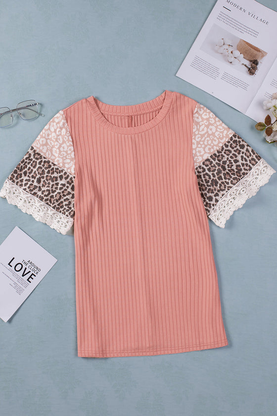 Pink Rib-Knit Leopard Lace Summer Top | Available in Black