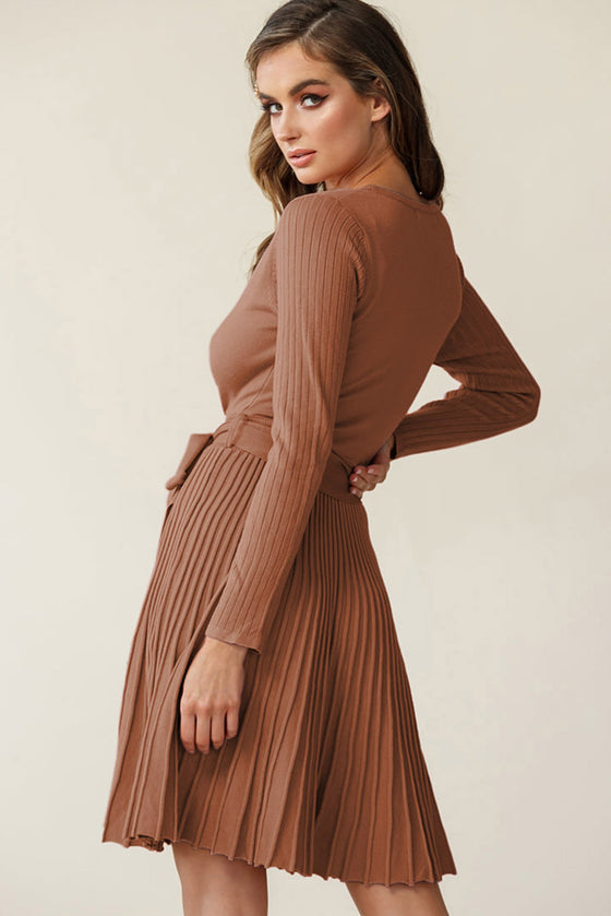 Belted Wrap V Neck Ribbed Pleated Sweater Dress in Gray or Brown