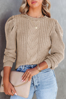  Apricot Cable Knit Puff Sleeve Sweater